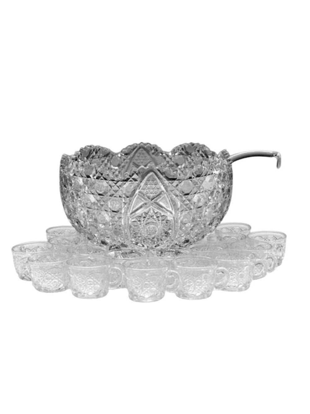Vintage 1970s L.E. Smith Daisy & Button Punch Bowl Set – 20 Piece Clear Pressed - Picture 2 of 16